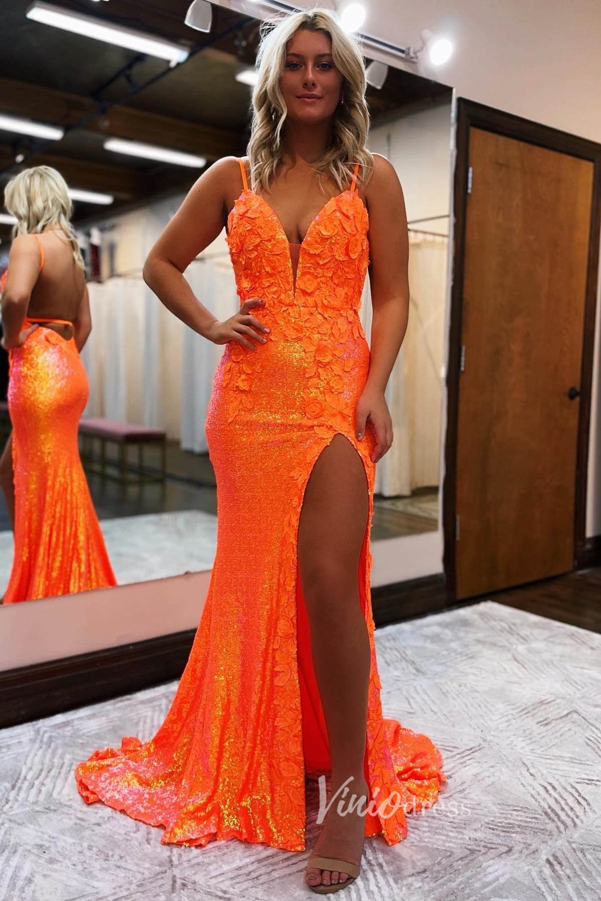 neon orange prom dress